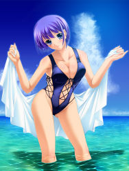 Rule 34 | 1girl, blue eyes, breasts, cleavage, large breasts, non-web source, purple hair, sarong, short hair, slingshot swimsuit, solo, swimsuit, unworn sarong, wading, water, wet