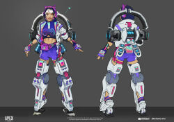 Rule 34 | 1girl, absurdres, apex legends, blue hoodie, character sheet, commentary, conduit (apex legends), crop top, cropped hoodie, electronic arts, english commentary, exoskeleton, fanny pack, grey hair, highres, hood, hood up, hoodie, jacket, logo, midriff, multiple views, nessie (respawn), official alternate costume, official art, parted lips, player one conduit, production art, purple footwear, purple shorts, realistic, respawn entertainment, science fiction, shoes, short hair, shorts, smile, sneakers, snowy zhang, white jacket