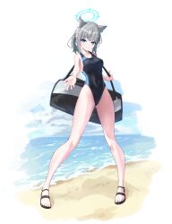 Rule 34 | 1girl, absurdres, animal ear fluff, animal ears, bag, beach, black one-piece swimsuit, blue archive, blue eyes, blue sky, breasts, cloud, competition swimsuit, covered navel, cross hair ornament, day, extra ears, grey hair, hair ornament, halo, highleg, highleg swimsuit, highres, horizon, keika (otsukare), low ponytail, medium breasts, medium hair, mismatched pupils, multicolored clothes, multicolored swimsuit, ocean, official alternate costume, one-piece swimsuit, outdoors, sandals, shiroko (blue archive), shiroko (swimsuit) (blue archive), sky, solo, standing, swimsuit, wolf ears