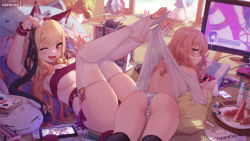 Rule 34 | 3girls, ;d, animal ear fluff, animal ears, ass, bell, black panties, blonde hair, blush, book, breasts, brown hair, cat ears, cat tail, cellphone, closed mouth, clothes lift, controller, electric fan, fake animal ears, fake tail, feet, female focus, food, fruit, full body, game controller, hand fan, holding, holding clothes, holding controller, holding game controller, holding panties, holding underwear, holding with feet, indoors, inui sajuna, jingle bell, kitagawa marin, large breasts, lifting another&#039;s clothes, long hair, looking at viewer, looking back, lying, mitsu (mitsu art), multiple girls, nintendo switch, no shoes, on back, on bed, one eye closed, open mouth, panties, paper fan, phone, pillow, plant, plate, potted plant, purple eyes, shirt, shirt lift, smartphone, smile, sono bisque doll wa koi wo suru, striped clothes, striped panties, tail, television, thighhighs, toeless legwear, toes, uchiwa, underwear, unworn panties, v, v-shaped eyebrows, watermelon, watermelon slice, white shirt, white thighhighs