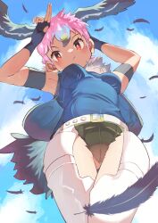 Rule 34 | 1girl, absurdres, belt, bird girl, bird tail, bird wings, blue sky, feathered wings, feathers, fingerless gloves, gloves, head wings, highres, jacket, kemono friends, lappet-faced vulture (kemono friends), looking at viewer, osnmykk, pants, pink hair, red eyes, shirt, short hair, shorts, sky, sleeveless, sleeveless shirt, solo, tail, wings