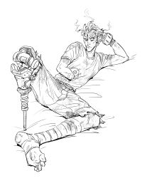 Rule 34 | 03kiyou, 1boy, :/, absurdres, amputee, armless amputee, bandaged leg, bandages, crew neck, dirty, dirty face, frown, greyscale, hair slicked back, head rest, highres, junkrat (overwatch), looking to the side, lying, male focus, monochrome, on side, one eye closed, overwatch, overwatch 1, pants, prosthesis, prosthetic leg, shirt, short sleeves, shorts, sideways glance, simple background, single bare foot, smoke, solo, t-shirt, torn clothes, torn shorts, white background