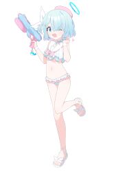 Rule 34 | 1girl, absurdres, arona (blue archive), bare arms, bare legs, bare shoulders, beret, bikini, blue archive, blue eyes, blue hair, blue halo, blush, braid, breasts, colored inner hair, eyes visible through hair, frilled bikini, frills, full body, hagoonha, hair over one eye, halo, hat, highres, holding, holding water gun, looking at viewer, multicolored hair, navel, one eye closed, open mouth, pink hair, pink hat, sailor bikini, sailor collar, sandals, short hair, single braid, small breasts, smile, solo, swimsuit, toes, transparent background, water gun, white bikini, white sailor collar
