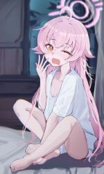 Rule 34 | 1girl, absurdres, ahoge, alternate costume, bare legs, barefoot, blue archive, blurry, blurry background, commentary request, feet, halo, hand up, highres, hoshino (blue archive), indoors, long hair, looking at viewer, one eye closed, open mouth, orange eyes, pink hair, pink halo, shirt, sitting, solo, star1ynight, white shirt, yawning