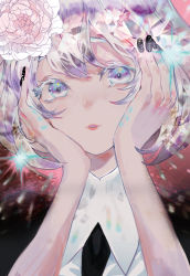 Rule 34 | 1other, absurdres, androgynous, colored eyelashes, crystal hair, diamond (houseki no kuni), flower, gem uniform (houseki no kuni), hair flower, hair ornament, hands on own face, highres, houseki no kuni, looking at viewer, multicolored eyes, multicolored hair, necktie, portrait, rose, short hair, solo, upper body, white flower, white hair, white rose