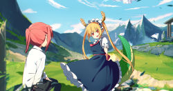Rule 34 | 2girls, absurdres, arms behind back, black dress, black pants, blue sky, cloud, commentary request, day, dragon horns, dragon tail, dress, falling leaves, fang, field, glasses, grass, highres, horns, kobayashi-san chi no maidragon, kobayashi (maidragon), leaf, long hair, long sleeves, looking at another, maid, maid headdress, mountain, multiple girls, necktie, open mouth, orange eyes, orange hair, outdoors, pants, petticoat, ponytail, ppchen, red hair, red neckwear, shirt, sitting, skin fang, sky, slit pupils, smile, standing, tail, tohru (maidragon), twintails, white shirt