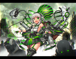 Rule 34 | 1girl, @ @, city, commentary request, detached sleeves, fang, garter straps, gia, gloves, green eyes, highres, letterboxed, looking at viewer, mecha, mind control, open mouth, original, robot, ruins, short hair, silver hair, solo focus, thighhighs