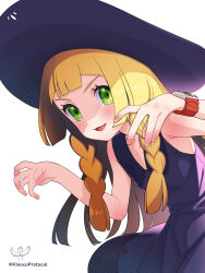Rule 34 | 1girl, alternate color, blonde hair, blunt bangs, blush, bracelet, braid, commentary request, creatures (company), dress, eyelashes, game freak, green eyes, hands up, hat, highres, jewelry, kinocopro, lillie (pokemon), long hair, looking at viewer, nintendo, open mouth, pokemon, pokemon sm, purple dress, purple hat, simple background, smile, solo, sun hat, tongue, twin braids, twitter username, watermark, white background, z-ring