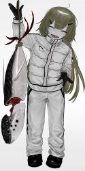 Rule 34 | 1girl, :d, ahoge, atkm2, black footwear, black gloves, blonde hair, colored skin, creature, facing viewer, fang, full body, gloves, grey jacket, grey pants, grey skin, hand up, head tilt, highres, holding, jacket, long hair, long sleeves, open mouth, original, pants, rope, shoes, simple background, smile, solo, standing, tuna, white background
