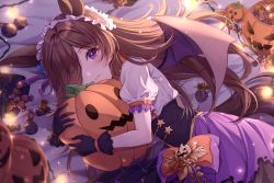 Rule 34 | 1girl, animal ears, bed sheet, black gloves, black skirt, blush, brown hair, candy, candy wrapper, closed mouth, commentary request, food, gloves, hair over one eye, halloween, halloween bucket, highres, horse ears, horse girl, horse tail, hugging object, iyar, jack-o&#039;-lantern, lace, lace-trimmed gloves, lace trim, lollipop, long hair, looking at viewer, lying, md5 mismatch, on side, puffy short sleeves, puffy sleeves, purple eyes, purple skirt, resolution mismatch, revision, rice shower (make up vampire!) (umamusume), rice shower (umamusume), shirt, short sleeves, skirt, solo, source smaller, stuffed toy, tail, umamusume, very long hair, white shirt