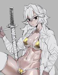 Rule 34 | 1girl, bikini, bow (bhp), breasts, glasses, gold bikini, grey background, hair intakes, katana, long hair, looking at viewer, medium breasts, navel, original, partially colored, simple background, sitting, solo, sword, thighhighs, toned, weapon