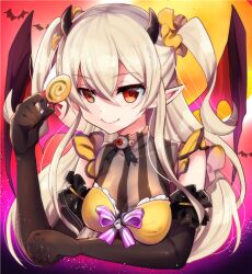 Rule 34 | 1girl, alternate costume, animal, arm under breasts, black horns, black wings, blonde hair, breasts, candy, chiipon, cleavage, closed mouth, commentary request, demon girl, demon wings, elbow gloves, eyeball, food, gloves, gradient background, hair between eyes, halloween, holding, holding animal, holding candy, holding food, holding lollipop, horns, lollipop, long bangs, long hair, looking at viewer, mahjong soul, orange background, orange eyes, pink background, pointy ears, see-through, see-through cleavage, smile, solo, swirl lollipop, two side up, upper body, wings, xenia