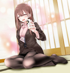 Rule 34 | 1girl, alcohol, bad id, bad pixiv id, beer, black pantyhose, blush, closed eyes, collared shirt, formal, highres, light brown hair, long hair, office lady, oouso, original, pantyhose, shirt, sitting, skirt, skirt suit, solo, suit