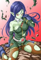 Rule 34 | 1girl, belt, blue hair, breasts, demon girl, dragon ball, dragon ball heroes, earrings, gloves, highres, jewelry, long hair, looking at viewer, pantyhose, pointy ears, red eyes, robelu, smile, solo, torn clothes, torn pantyhose, young jijii