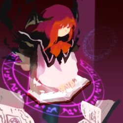 Rule 34 | 1girl, black capelet, black wings, book, bow, bowtie, capelet, commentary request, head wings, highres, kaigen 1025, koakuma, long sleeves, magic circle, medium hair, no mouth, open book, red bow, red bowtie, red eyes, red hair, shirt, sketch, touhou, white shirt, wings