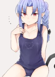 Rule 34 | ..., 00s, 1girl, :&lt;, blue hair, blue one-piece swimsuit, braid, cat tail, collarbone, hair intakes, jirou (tamaho39), len (tsukihime), melty blood, one-piece swimsuit, pointy ears, red eyes, school swimsuit, sidelocks, simple background, sitting, solo, spoken ellipsis, swimsuit, tail, thighs, tsukihime, white background