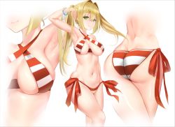 Rule 34 | 1girl, armpits, ass, bare shoulders, bikini, blonde hair, board game, breasts, butt crack, cleavage, closed mouth, fate (series), go (board game), green eyes, hair intakes, halterneck, highres, huge ass, jewelry, looking at viewer, minted, multiple views, navel, nero claudius (fate), nero claudius (fate) (all), nero claudius (swimsuit caster) (fate), side-tie bikini bottom, simple background, smile, stomach, striped bikini, striped clothes, swimsuit, thick thighs, thighs, twintails, white background, wide hips