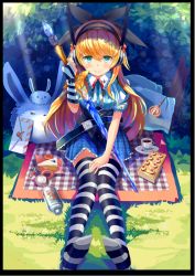 Rule 34 | 1girl, :3, :d, ^ ^, alice (alice in wonderland), alice in wonderland, aqua eyes, belt, black ribbon, blonde hair, blue skirt, blush, border, bottle, breasts, bush, cake, cake slice, candy, closed eyes, closed mouth, collared shirt, cup, doughnut, feet, food, from above, grass, hair between eyes, hair ribbon, headphones, holding, holding sword, holding weapon, knees together feet apart, letter, lollipop, long hair, looking at viewer, medium breasts, no shoes, open mouth, plaid, plaid skirt, puffy short sleeves, puffy sleeves, qihai lunpo, rabbit, ribbon, saucer, shirt, short sleeves, sitting, skirt, smile, striped clothes, striped shirt, striped thighhighs, sunlight, swirl lollipop, sword, teacup, thighhighs, vertical-striped clothes, vertical-striped shirt, weapon, wing collar