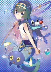 Rule 34 | 1girl, blue eyes, blue sailor collar, blush, chinchou, creatures (company), fishing rod, from side, full body, fuotchan, game freak, gen 2 pokemon, gen 7 pokemon, green hair, hand up, highres, holding, holding poke ball, lana (pokemon), looking at viewer, nintendo, parted lips, poke ball, poke ball (basic), pokemon, pokemon (creature), pokemon sm, polka dot, polka dot background, popplio, sailor collar, short hair, solo
