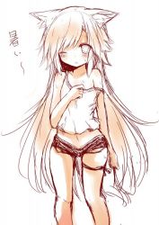 Rule 34 | 1girl, akane (naomi), animal ears, blonde hair, blush, child, female focus, fox ears, japanese text, long hair, looking at viewer, monochrome, nanashin naomi, navel, off shoulder, one eye closed, open mouth, original, short shorts, shorts, simple background, sleeveless, solo, standing, sweat, text focus, very long hair, white background, wink