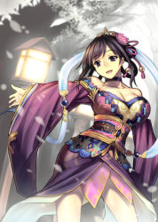 Rule 34 | 1girl, bare shoulders, black hair, breasts, choker, cleavage, collarbone, dress, female focus, flower, hair flower, hair ornament, hair rings, japanese clothes, jonylaser, kimono, lamp, large breasts, legs, long sleeves, obi, off-shoulder dress, off shoulder, open clothes, outstretched arm, purple dress, purple eyes, sangokushi taisen, sash, short hair, smile, solo, standing, wide sleeves