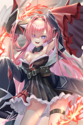 Rule 34 | 1girl, :d, azur lane, bare shoulders, black dress, black sleeves, blush, breasts, collarbone, commentary request, detached sleeves, dress, hair over one eye, highres, horns, long hair, long horns, looking at viewer, medium breasts, open mouth, pink hair, prinz rupprecht (azur lane), purple eyes, short dress, single thighhigh, sleeves past fingers, sleeves past wrists, smile, solo, thigh strap, thighhighs, very long hair, white thighhighs, yam (yam6056)
