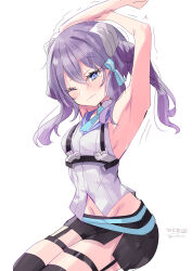 Rule 34 | 1girl, absurdres, arms up, blue eyes, blue necktie, breasts, hair ornament, hair ribbon, headgear, high side ponytail, highres, hizaka, kantai collection, langley (kancolle), looking at viewer, medium hair, navel, necktie, one eye closed, pencil skirt, purple hair, ribbon, shirt, signature, skirt, sleeveless, sleeveless shirt, small breasts, solo, stretching, thighhighs, white background, white shirt