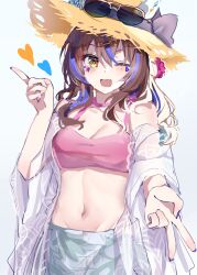 Rule 34 | #summer #besties (umamusume), 1girl, absurdres, animal ears, blue nails, blush, breasts, brown hair, cleavage, crop top, daitaku helios (#summer #new me) (umamusume), daitaku helios (umamusume), ear covers, eyewear on headwear, fang, hat, heart, highres, horse ears, index finger raised, long hair, midriff, multicolored hair, navel, open mouth, outstretched arm, pink shirt, reaching, reaching towards viewer, sarong, sb (akagikeai), shawl, shirt, simple background, small breasts, smile, solo, straw hat, streaked hair, sunglasses, tank top, umamusume, upper body, v, white background, yellow eyes