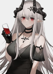 Rule 34 | 1girl, absurdres, arknights, bare shoulders, black choker, black dress, black gloves, breasts, choker, cleavage, commentary request, detached sleeves, dress, gloves, grey background, grey hair, hair between eyes, hand up, highres, horns, hyakutarou (momotar0 4), jewelry, large breasts, long hair, looking at viewer, mudrock (arknights), mudrock (obsidian) (arknights), necklace, official alternate costume, partial commentary, pointy ears, red eyes, short sleeves, simple background, solo, upper body, very long hair