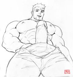 Rule 34 | 1boy, abs, absolum art, bara, beard, character request, copyright request, erection, facial hair, from below, highres, large pectorals, large penis, male focus, male underwear, mature male, muscular, muscular male, nipples, open pants, pants, pectorals, penis, short hair, smile, solo, stomach, stubble, thick thighs, thighs, topless male, uncensored, underwear