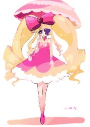 Rule 34 | 10s, 1girl, bad id, bad pixiv id, big hair, blonde hair, boots, bow, dress, drill hair, earrings, eyepatch, harime nui, jewelry, kill la kill, long hair, pink bow, pink footwear, ribbon, smile, solo, strapless, strapless dress, touwa, umbrella