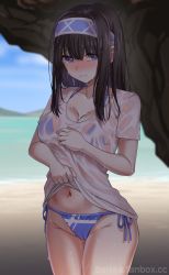 1girl beach beiske_(de_skb3) bikini bikini_under_clothes black_hair blouse blue_bikini blue_eyes blue_hair blue_sky cameltoe cloud day hairband halterneck highres idolmaster idolmaster_cinderella_girls long_hair no_pants sagisawa_fumika see-through_clothes see-through_shirt shirt side-tie_bikini_bottom sky solo string_bikini swimsuit t-shirt wet wet_clothes white_shirt