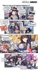 Rule 34 | 4koma, 5girls, absurdres, aningay, bare shoulders, beret, black gloves, black hair, blue eyes, blue ribbon, blush, blush stickers, breasts, brown eyes, camera, closed eyes, closed mouth, comic, commentary, copyright name, daiyan (neural cloud), dress, english commentary, english text, female professor (neural cloud), finger to mouth, full body, girls&#039; frontline neural cloud, gloves, glowstick, grey hair, hair ornament, hair ribbon, hat, heart, heterochromia, highres, holding, holding camera, holding glowstick, holding microphone, instrument, jacket, kicking, kuro (neural cloud), lab coat, lanyard, large breasts, long hair, long sleeves, looking at another, microphone, multicolored hair, multiple girls, music, nanaka (neural cloud), open mouth, pink eyes, pink hair, pixiv id, playing instrument, professor (neural cloud), red eyes, ribbon, second-party source, shirt, shushing, sitting, sitting on person, smile, sound effects, speech bubble, standing, upper body, white dress, white gloves, willow (neural cloud)