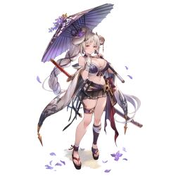 Rule 34 | 1girl, azusa (granblue fantasy), bandaged hand, bandages, bikini, black skirt, blush, braid, breasts, cleavage, detached sleeves, draph, flower, full body, granblue fantasy, hair flower, hair ornament, high ponytail, holding, holding umbrella, horns, large breasts, long hair, looking at viewer, minaba hideo, navel, official art, oil-paper umbrella, pointy ears, ponytail, purple bikini, red eyes, single braid, skindentation, skirt, solo, standing, swimsuit, transparent background, umbrella, very long hair, white hair, wide sleeves