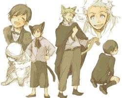 Rule 34 | 00s, 2boys, animal ears, baccano!, black hair, blonde hair, blush, cat boy, cat ears, cat tail, character sheet, czeslaw meyer, elmer albatross, english text, engrish text, male focus, multiple boys, partially colored, ranguage, smile, sparkle, tail, white background