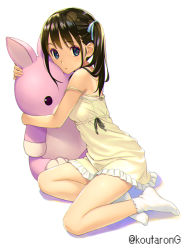 Rule 34 | 1girl, bare arms, bare shoulders, black hair, blue eyes, breasts, commentary request, dress, frilled dress, frills, full body, koutaro, long hair, looking at viewer, no shoes, hugging object, original, parted lips, shadow, side ponytail, sitting, small breasts, socks, solo, strap slip, stuffed animal, stuffed rabbit, stuffed toy, thighs, twitter username, white background, white socks, yellow dress, yokozuwari