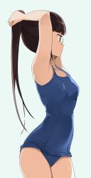 Rule 34 | 1girl, adjusting hair, armpits, arms behind back, blue one-piece swimsuit, breasts, brown hair, closed mouth, glasses, green background, highres, hiroki (yyqw7151), long hair, miyamoto ruri, nisekoi, one-piece swimsuit, ponytail, profile, school swimsuit, simple background, small breasts, solo, standing, swimsuit, thighs