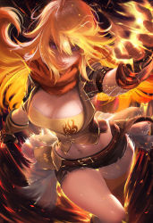 Rule 34 | 1girl, artist name, belt, bike shorts, blonde hair, breasts, fire, gloves, large breasts, long hair, midriff, navel, purple eyes, rwby, sakimichan, scarf, shorts, single thighhigh, solo, thighhighs, watermark, yang xiao long, yellow thighhighs
