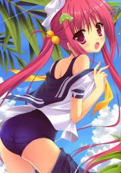 Rule 34 | 1girl, absurdres, ass, d:, fang, hair bobbles, hair ornament, hairpin, highres, moribe (rabumanyo), one-piece swimsuit, open mouth, pink eyes, red hair, school swimsuit, school uniform, serafuku, solo, swimsuit, swimsuit under clothes, twintails, undressing