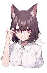 Rule 34 | 1girl, adjusting eyewear, animal ear fluff, animal ears, breasts, brown hair, buttons, cat ears, closed mouth, collared shirt, cropped torso, glasses, hand on eyewear, hand up, looking at viewer, medium breasts, original, over-rim eyewear, red-framed eyewear, red eyes, semi-rimless eyewear, shirt, short hair, short sleeves, shugao, simple background, smile, solo, white background, white shirt