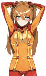 Rule 34 | 1girl, :/, absurdres, arms up, blue eyes, blushs, bodysuit, breasts, brown hair, covered navel, evangelion: 2.0 you can (not) advance, highres, himagin20180321, interface headset, long hair, looking at viewer, medium breasts, multicolored bodysuit, multicolored clothes, neon genesis evangelion, plugsuit, rebuild of evangelion, red bodysuit, see-through, see-through bodysuit, simple background, skin tight, solo, souryuu asuka langley, standing, sweat, test plugsuit, two-tone bodysuit, two side up, white background