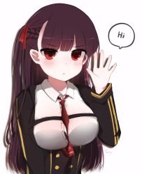 Rule 34 | black bra, bra, english text, framed breasts, girls&#039; frontline, hair ribbon, half updo, highres, looking at viewer, necktie, one side up, purple hair, red eyes, red necktie, red ribbon, ribbon, sherry o o, simple background, solo, speech bubble, underwear, wa2000 (girls&#039; frontline), white background