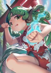 Rule 34 | 1girl, :p, absurdres, blush, buttons, clenched hands, cloud, cloud print, collared shirt, curly hair, day, flaming hand, from below, green eyes, green hair, hand up, highres, horns, kariyushi shirt, komano aunn, long hair, looking at viewer, outdoors, red shirt, shirt, short sleeves, shorts, single horn, solo, squatting, sun, teruteru (teru teru), thick eyebrows, tongue, tongue out, torii, touhou, tree, unfinished dream of all living ghost, very long hair, white shorts