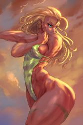 Rule 34 | 1girl, ahoge, ass, bikini, blonde hair, blue eyes, braid, breasts, cammy white, cowboy shot, cutesexyrobutts, hair between eyes, highres, hip focus, huge ass, long hair, multiple braids, muscular, muscular female, revealing clothes, scar, sideboob, solo, street fighter, stretching, swimsuit, thick thighs, thighs, toned, tri braids, wide hips