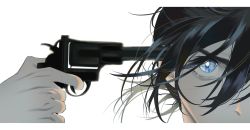 Rule 34 | 1boy, absurdres, ajiro shinpei, black hair, blue eyes, close-up, commentary, finger on trigger, floating hair, gun, gun to head, handgun, highres, holding, holding gun, holding weapon, hui shihou su, looking at viewer, male focus, short hair, simple background, solo, suicide, summertime render, weapon, white background