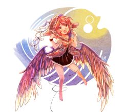 Rule 34 | 1girl, :d, adapted costume, arms up, barefoot, bird wings, black skirt, black wristband, blush, breasts, brown headwear, buttons, commentary request, feathered wings, fingernails, frilled skirt, frills, full body, highres, holding, holding microphone, htk mikan, looking at viewer, medium breasts, microphone, music, mystia lorelei, open mouth, pink eyes, pink hair, pink shirt, puffy short sleeves, puffy sleeves, ribbon, sharp fingernails, shirt, short hair, short sleeves, signature, singing, skirt, smile, solo, thighs, touhou, v, wings