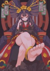 Rule 34 | 1girl, animated, anklet, barefoot, crossed legs, eyeliner, feet, japanese clothes, jewelry, long hair, looking at viewer, makeup, oshiro project:re, pixel art, purple eyes, red eyeliner, sitting, smile, soles, toes, video