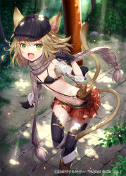 Rule 34 | 1girl, animal ears, black bra, black gloves, black hat, black thighhighs, blonde hair, boots, bra, breasts, brown footwear, cat ears, cat tail, cleavage, dappled sunlight, day, floating hair, frilled gloves, frills, gabiran, gloves, green eyes, grey scarf, hair between eyes, hat, knee boots, leaning forward, looking at viewer, medium hair, miniskirt, multiple tails, navel, official art, outdoors, plaid, plaid scarf, plaid skirt, pleated skirt, red skirt, scarf, shinkai no valkyrie, skirt, slit pupils, small breasts, solo, standing, standing on one leg, sunlight, tail, thighhighs, two tails, underwear