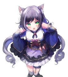 Rule 34 | 1girl, animal ear fluff, animal ears, bare shoulders, black hair, black thighhighs, blue sleeves, blush, breasts, cat ears, detached sleeves, fang, frilled skirt, frilled sleeves, frills, green eyes, hands on own hips, highres, ittokyu, karyl (princess connect!), leaning forward, long hair, long sleeves, looking at viewer, low twintails, multicolored hair, open mouth, princess connect!, purple skirt, shirt, simple background, skirt, sleeveless, sleeveless shirt, small breasts, solo, streaked hair, thighhighs, twintails, v-shaped eyebrows, very long hair, white background, white hair, white shirt, wide sleeves