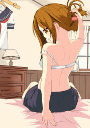 Rule 34 | 10s, 1girl, absurdres, arm support, artist name, back, bare shoulders, bed, bra, brown eyes, brown hair, chest of drawers, curtains, folded ponytail, from behind, highres, inazuma (kancolle), indoors, kantai collection, lamp, unworn neckerchief, off shoulder, school uniform, serafuku, unworn shirt, sitting, solo, strap slip, underwear, verdy, white bra, window